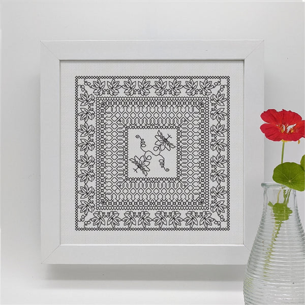 Blackwork embroidery botanical floral passion flower