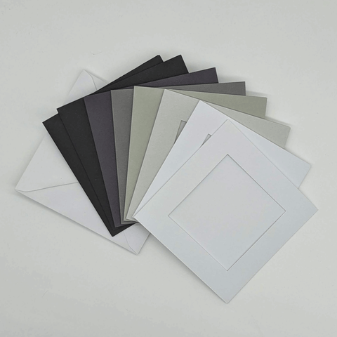 Recycled tri-fold aperture cards & envelopes black, white and greys