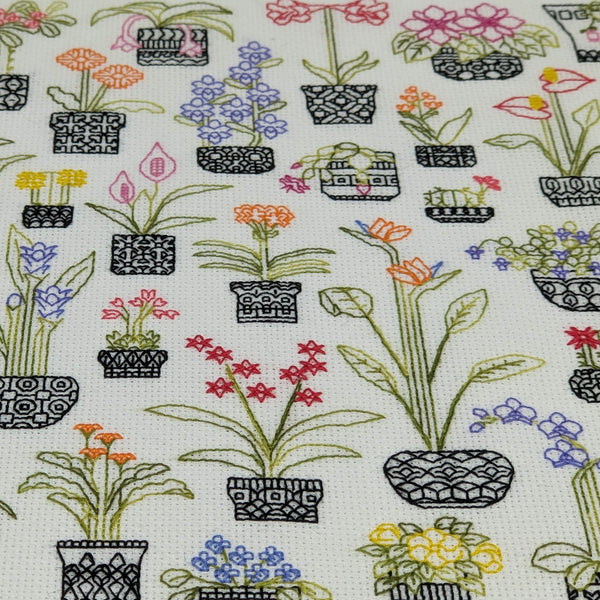 Lots of flowering plants stitched. Blackwork embroidery