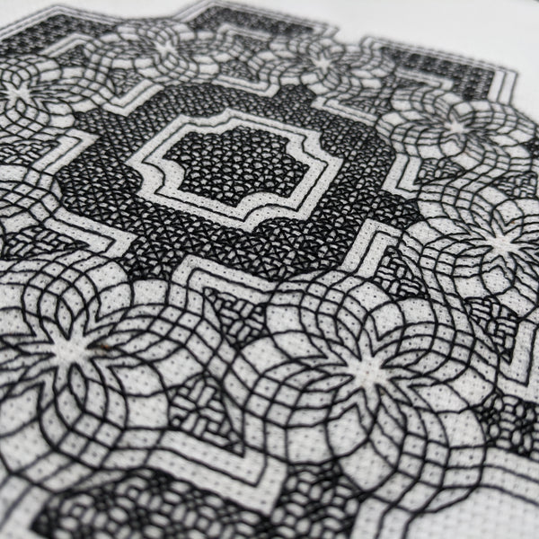 Geometric blackwork embroidery