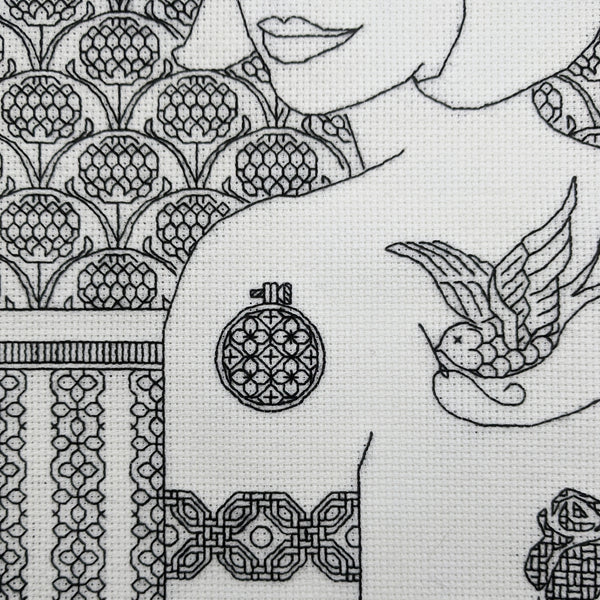 Blackwork embroidery tattooed woman