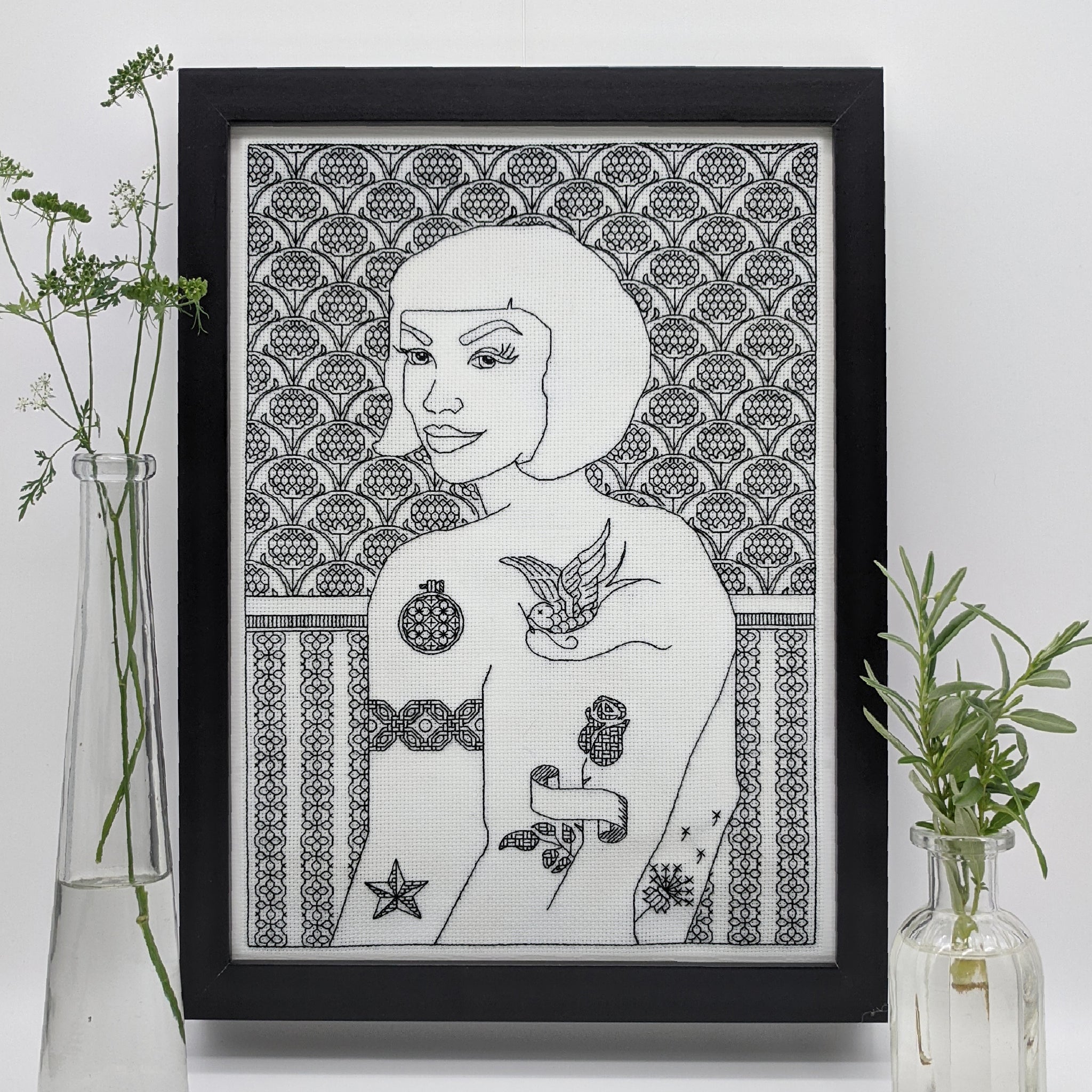 Blackwork embroidery tattooed woman